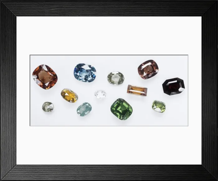 Framed Print : Zircons. Faceted zircons showing various colours and high lustre, from Sri Lanka Framed Print : Zircons. Faceted zircons showing various colours and high lustre, from Sri Lanka