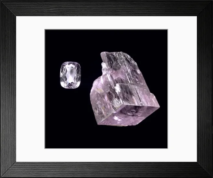Framed Print : Kunzite crystal and cut stone Framed Print : Kunzite crystal and cut stone