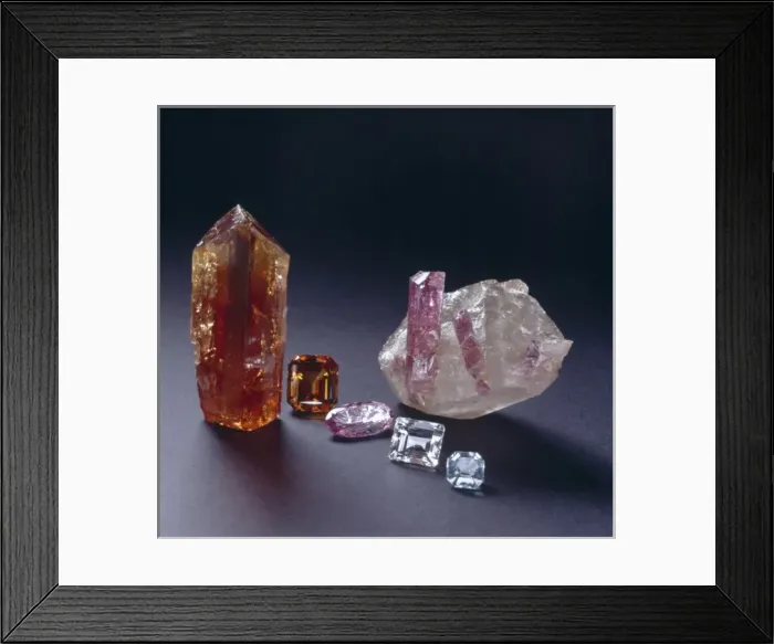 Framed Print : Topaz crystals and faceted topaz showing a diverse colour range Framed Print : Topaz crystals and faceted topaz showing a diverse colour range