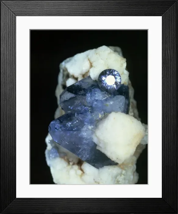 Framed Print : Benitoite crystal and cut stone Framed Print : Benitoite crystal and cut stone