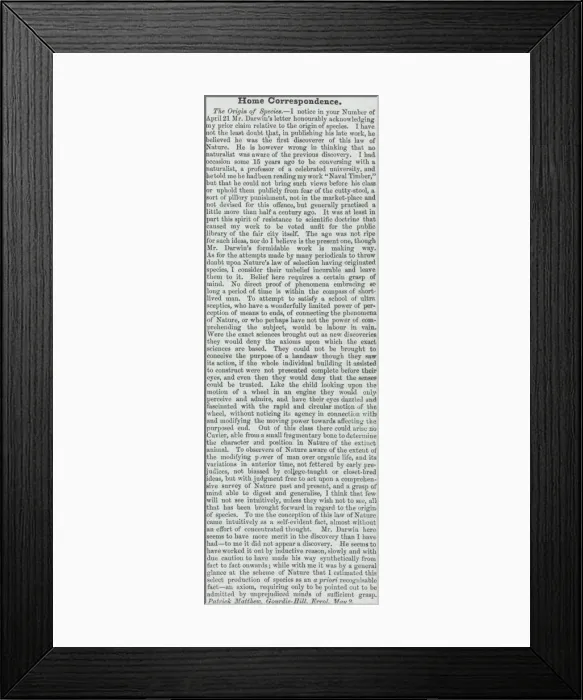 Framed Print : Letter from Patrick Matthew in The Gardeners Chronicle 12 M Framed Print : Letter from Patrick Matthew in The Gardeners Chronicle 12 M