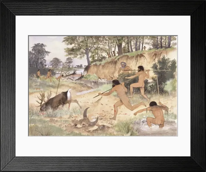 Framed Print : Homo neanderthalensis hunting at Swanscombe Framed Print : Homo neanderthalensis hunting at Swanscombe