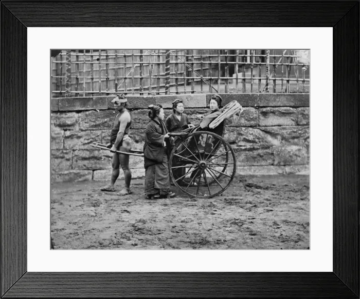 Framed Print : Women beside a jinrikisha (Japanese rickshaw), Japan Framed Print : Women beside a jinrikisha (Japanese rickshaw), Japan