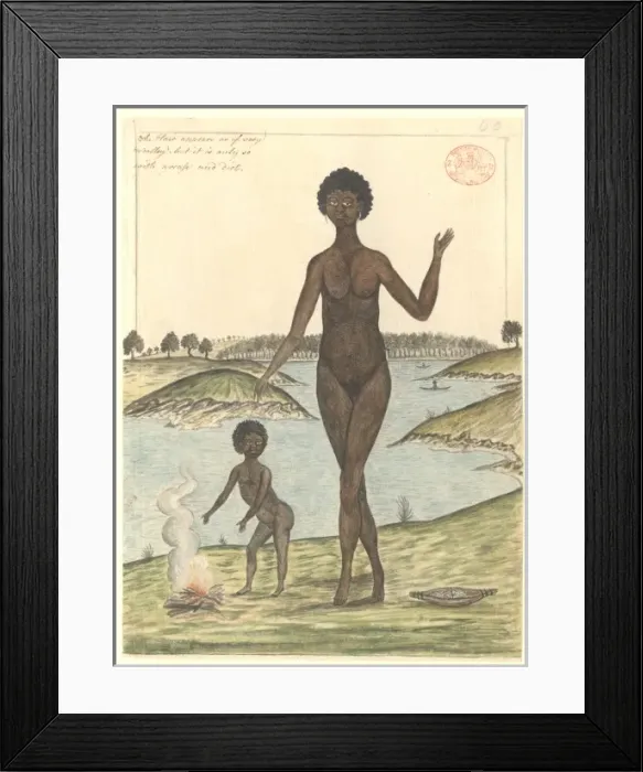 Framed Print : Aboriginal woman and child by a fire Framed Print : Aboriginal woman and child by a fire