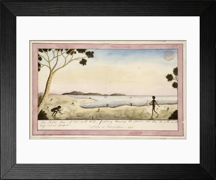 Framed Print : Two Aboriginal boys in a harbour landscape, playing at fight Framed Print : Two Aboriginal boys in a harbour landscape, playing at fight