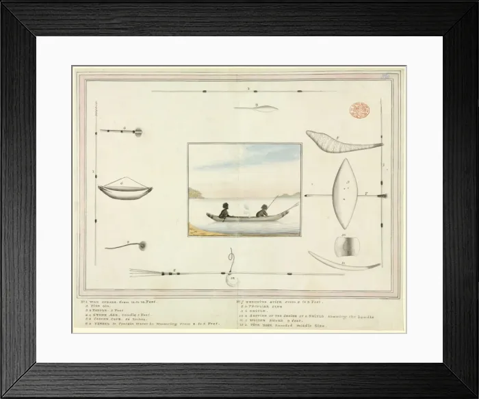 Framed Print : Fishing scene, with details of aboriginal implements Framed Print : Fishing scene, with details of aboriginal implements