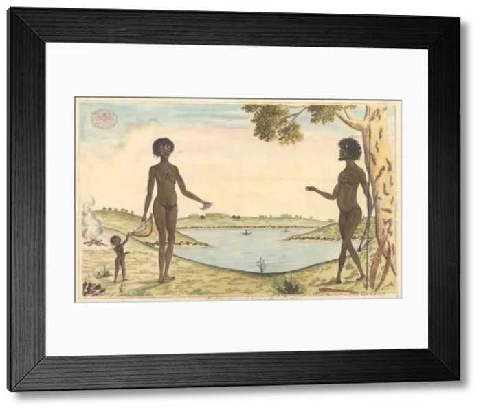 Framed Print : Aboriginal family group in a harbour landscape Framed Print : Aboriginal family group in a harbour landscape