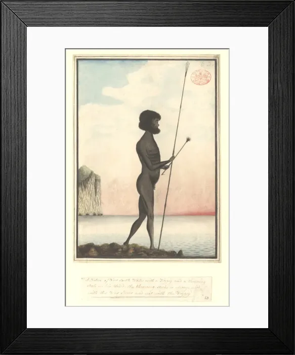 Framed Print : Aboriginal man equipped for fishing, standing by the sea Framed Print : Aboriginal man equipped for fishing, standing by the sea