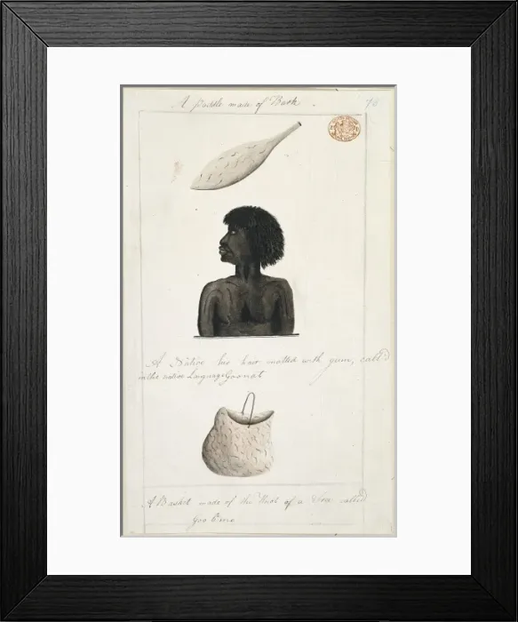 Framed Print : An Aborigine with his hair matted with gum, a bark paddle an Framed Print : An Aborigine with his hair matted with gum, a bark paddle an