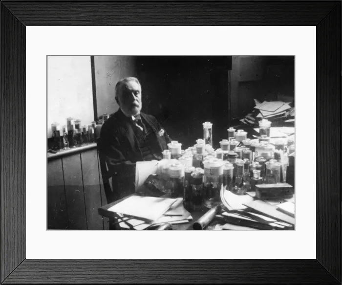 Framed Print : George Albert Boulenger (1858-1937) with spirit jars, 1920s Framed Print : George Albert Boulenger (1858-1937) with spirit jars, 1920s