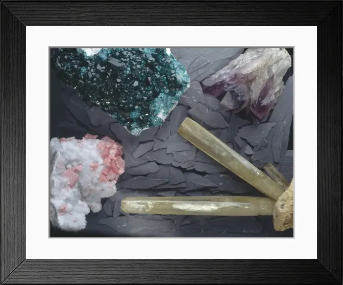 Framed Print : Amethyst, baryte dioptase, rhodochrosite Framed Print : Amethyst, baryte dioptase, rhodochrosite