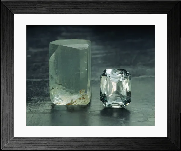 Framed Print : Topaz. A crystal and a cut topaz stone from the collections of the Natural History Museum Framed Print : Topaz. A crystal and a cut topaz stone from the collections of the Natural History Museum