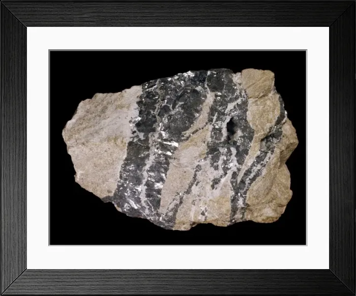 Framed Print : Galena. Veins of metallic grey galena with colourless fluorite and a little sphalerite Framed Print : Galena. Veins of metallic grey galena with colourless fluorite and a little sphalerite