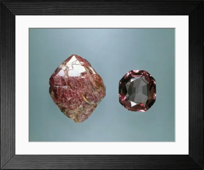 Framed Print : Spinel crystal and cut stone Framed Print : Spinel crystal and cut stone