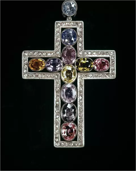 Crucifix set with sapphires, zircon, spinel, cairngorm and amethyst