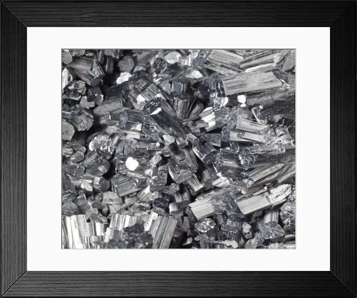 Framed Print : Manganite (manganese oxide hydroxide), characterized by short prismatic crystals Framed Print : Manganite (manganese oxide hydroxide), characterized by short prismatic crystals