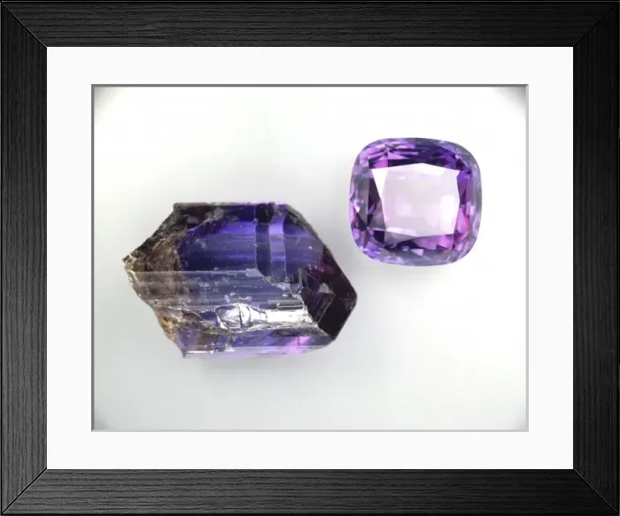 Framed Print : Tanzanite crystal and cut stone Framed Print : Tanzanite crystal and cut stone