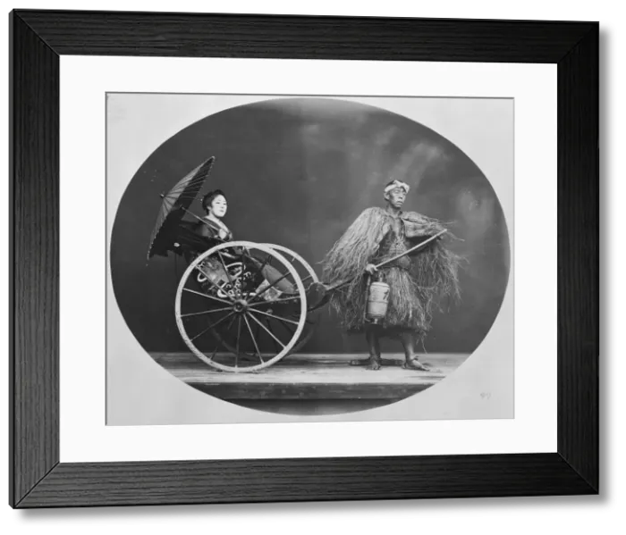 Framed Print : Woman in a jinrikisha (Japanese rickshaw), Japan Framed Print : Woman in a jinrikisha (Japanese rickshaw), Japan