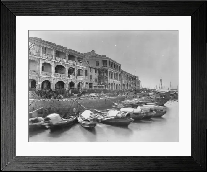 Framed Print : Damaged buildings on quayside, China Framed Print : Damaged buildings on quayside, China