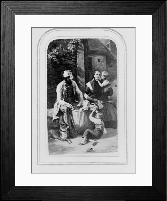 Framed Print : Illustration of family outside cottage Framed Print : Illustration of family outside cottage