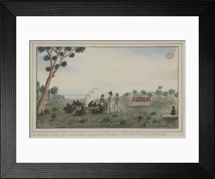 Framed Print : An encounter between British colonists and Australian Aborig Framed Print : An encounter between British colonists and Australian Aborig