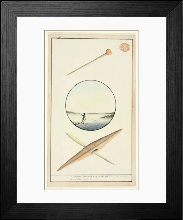 Framed Print : Fishing scene framed in tondo, surrounded by musical instrum Framed Print : Fishing scene framed in tondo, surrounded by musical instrum