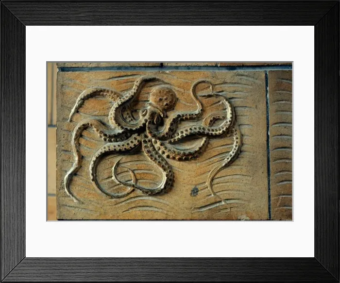 Framed Print : Detail of terracotta moulding of an octopus in the Waterhous