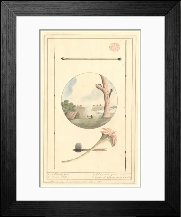 Framed Print : Landscape with aborigines, in tondo surrounded by tools Framed Print : Landscape with aborigines, in tondo surrounded by tools