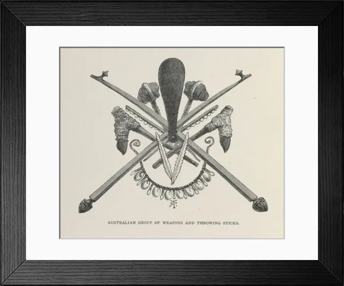 Framed Print : Australian group of weapons and throwing sticks illustrati Framed Print : Australian group of weapons and throwing sticks illustrati