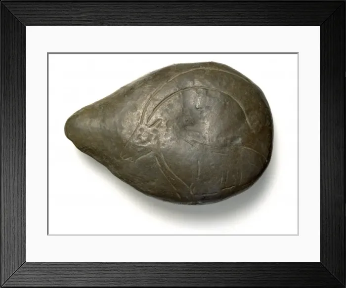 Framed Print : Limestone lamp with ibex carved on back Framed Print : Limestone lamp with ibex carved on back