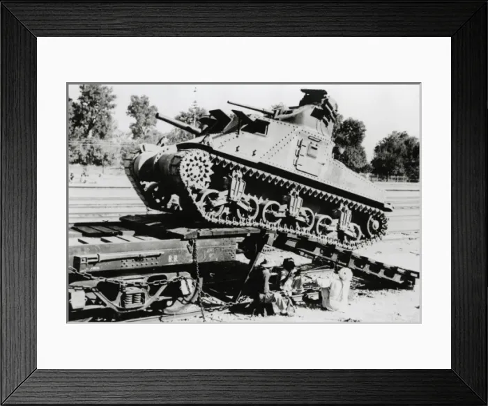 Framed Print : ?M4? tank being ramp-loaded onto track vehicle, Bombay Framed Print : ?M4? tank being ramp-loaded onto track vehicle, Bombay