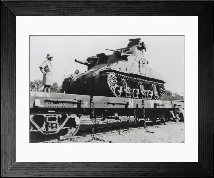 Framed Print : ?M4? tank loaded onto track vehicle, Bombay Framed Print : ?M4? tank loaded onto track vehicle, Bombay