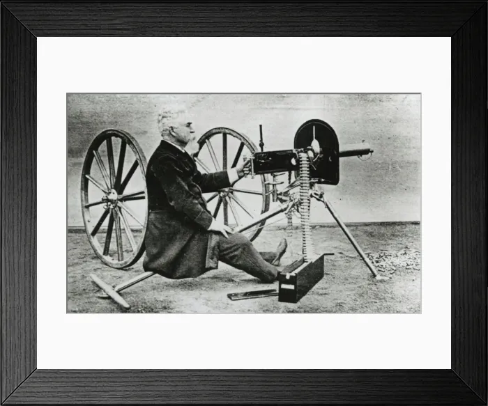 Framed Print : Hiram Maxim and gun Framed Print : Hiram Maxim and gun