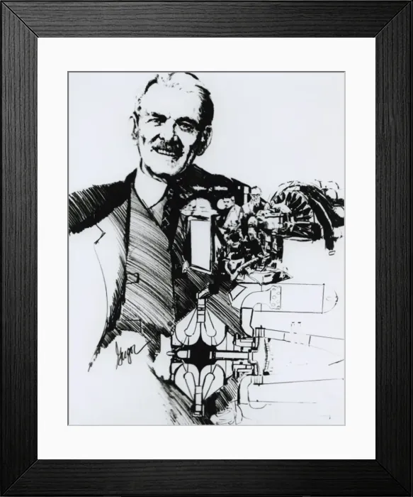 Framed Print : Portrait of F Whittle & workings of jet engine Framed Print : Portrait of F Whittle & workings of jet engine