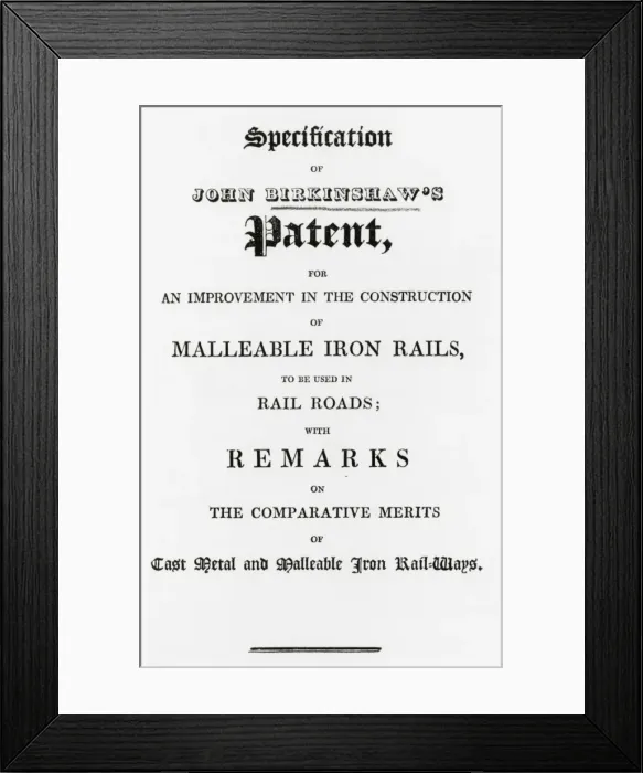 Framed Print : Birkinshaws?s Patent for malleable iron rails for railroads Framed Print : Birkinshaws?s Patent for malleable iron rails for railroads