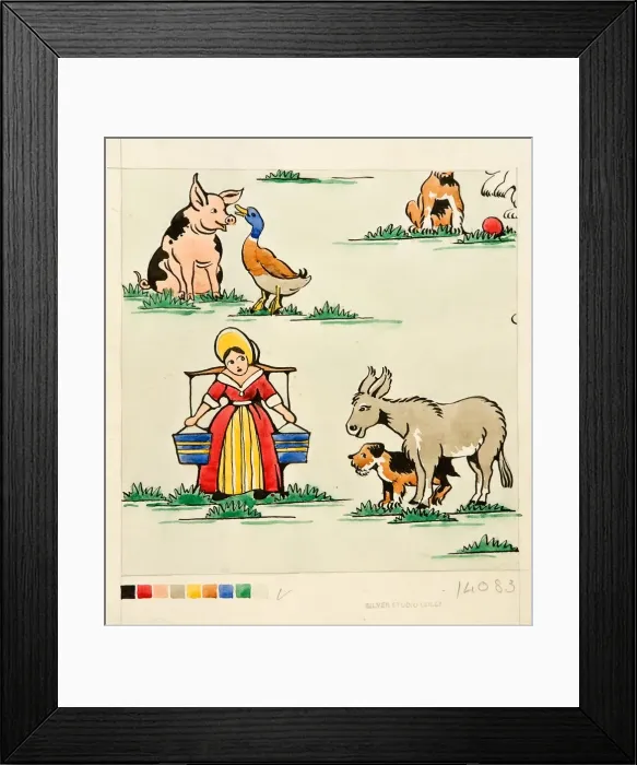Framed Print : Design with milkmaid, animals and birds Framed Print : Design with milkmaid, animals and birds