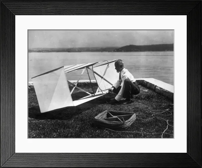 Framed Print : Lawrence Hargrave and his single-cell box-kite Framed Print : Lawrence Hargrave and his single-cell box-kite