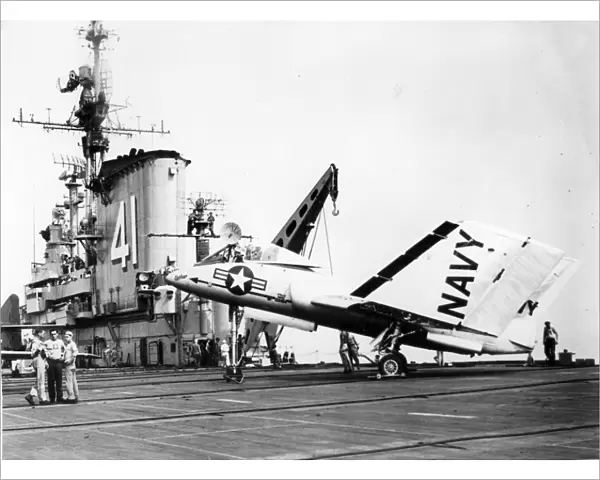 Vought F7U-3 Cutlass 128454 with folded wings on USS Midwa