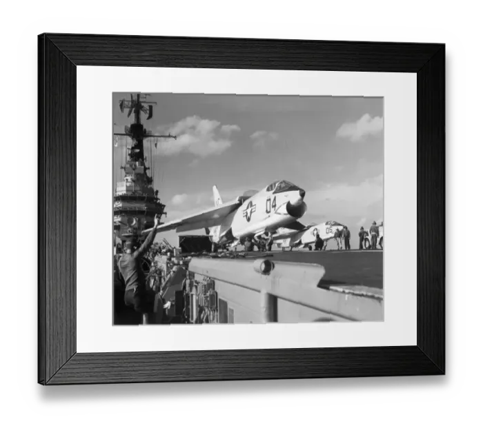 Framed Print : Two Vought F8U Crusaders preparing to catapult off Framed Print : Two Vought F8U Crusaders preparing to catapult off