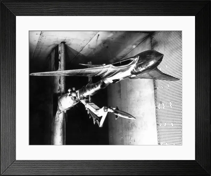 Framed Print : Blue Steel model on a string below a Handley Page Victor mod Framed Print : Blue Steel model on a string below a Handley Page Victor mod