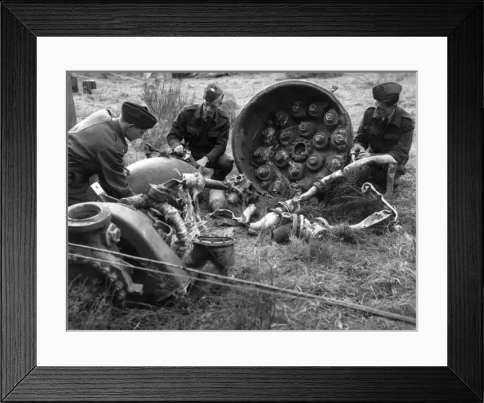 Framed Print : RAF personnel inspect the remains of a V-2
