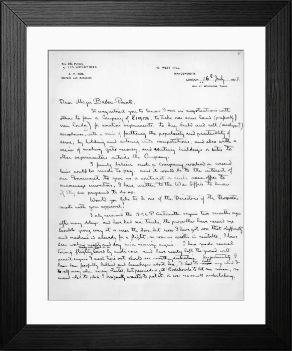 Framed Print : Page one of a letter from A V Roe to Major Baden-Powell Framed Print : Page one of a letter from A V Roe to Major Baden-Powell