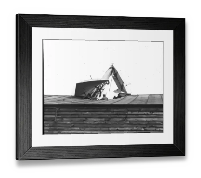 Framed Print : Hubert Lathams Antoinette monoplane crashed on a roof Framed Print : Hubert Lathams Antoinette monoplane crashed on a roof