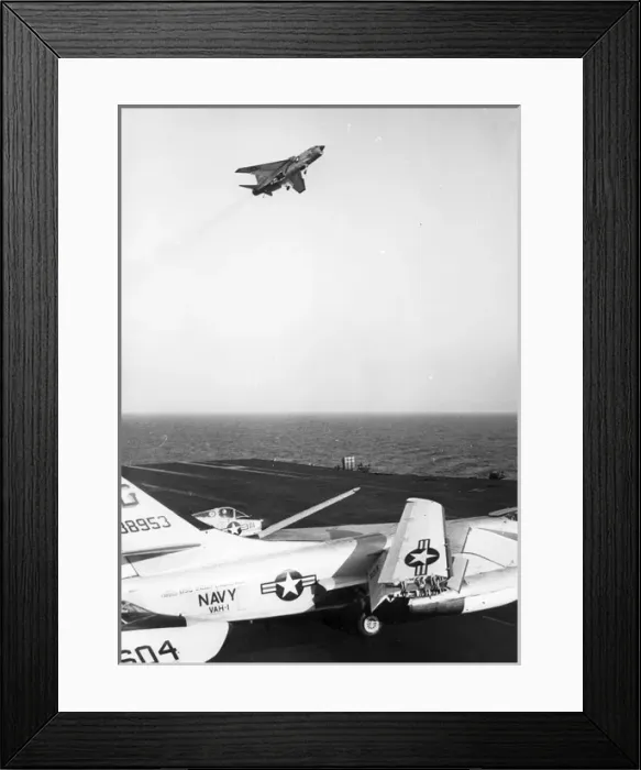 Framed Print : A Vought F-8 Crusader approaches the USS Independence Framed Print : A Vought F-8 Crusader approaches the USS Independence