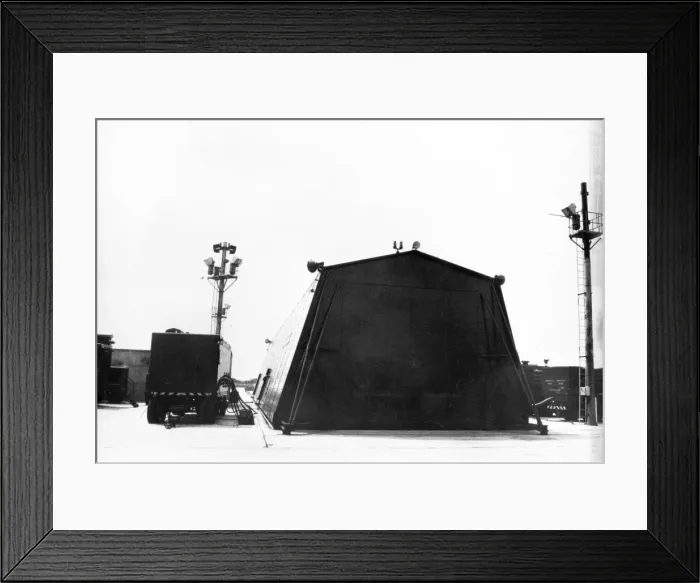 Framed Print : Dark blue painted shed containing a Thor IRBM Framed Print : Dark blue painted shed containing a Thor IRBM