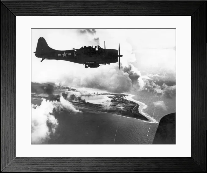 Framed Print : Douglas A-24 Dauntless dive bomber about to bomb Wake Island Framed Print : Douglas A-24 Dauntless dive bomber about to bomb Wake Island