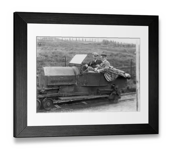 Framed Print : Arthur Whitten Brown (right) and John Alcock in a railcar Framed Print : Arthur Whitten Brown (right) and John Alcock in a railcar