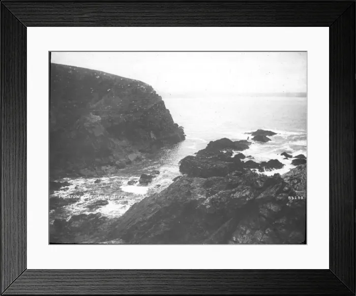 Framed Print : O E Simmonds aerial view of Tregudda Cliffs near Padstow Framed Print : O E Simmonds aerial view of Tregudda Cliffs near Padstow