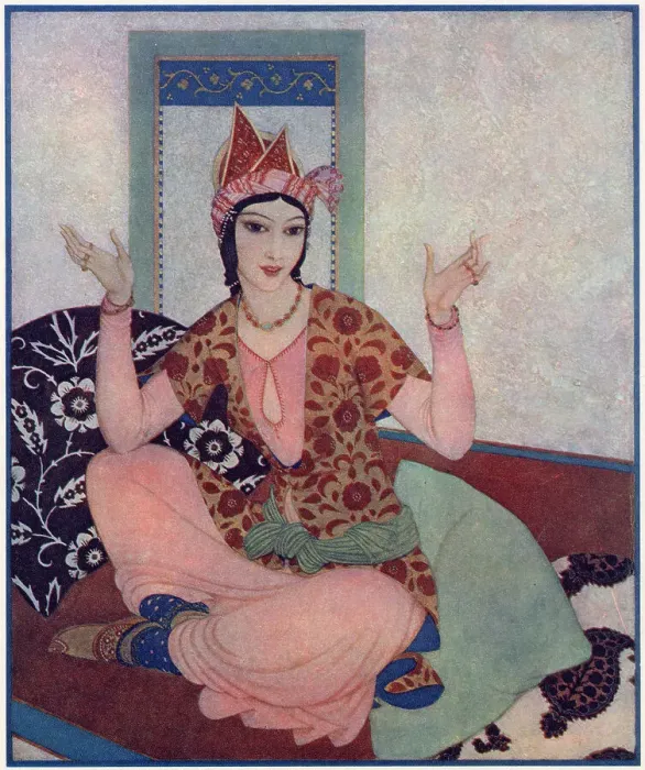 Framed Print : 1 of 4 illustrations by Edmund Dulac in The Sketch depicting characters from the Arabian Nights'. Scheherazade, the narrator of the thousand and one tales. Date: 1926