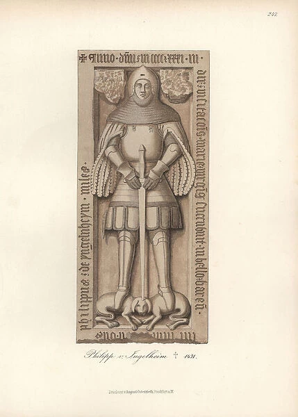 10938124. Knight in armor from the 15th century with heraldic shield and helmet.
